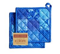 Maison d' Hermine Pot Holders set 100% Cotton Heat Resistant Potholders 20 cm x 20 cm Hot Pads with Loop BBQ, Cooking, Baking, Grilling, Handling Hot Pans Spring/Summer (Pack of 2, Indigo Love)