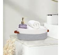 MAISON DE BUCKS Handmade Cotton Rope Storage Basket with Leather Handles - Nordic Style for Home, Toys Nursery Decor, Skin Care & Desktop Organizer, Small Basket for Storage, Bathroom, Nursery (Grey)