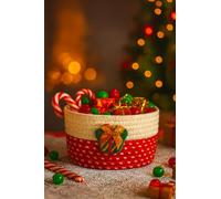 MAISON DE BUCKS Woven Storage Basket, Cotton Rope Laundry Basket, Small Basket Box Organizer Bins With Handlesfor Toys, Books, Decorative Empty Gift Basket for Home Bathroom Decor (Festive)