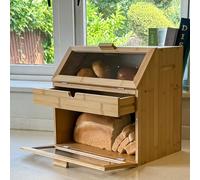 Maison Des Cadeaux 3 Compartment Bamboo Bread Bin Loaf Double Layer Storage Rack Box With Drawer