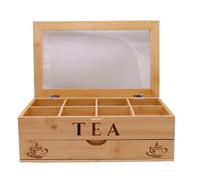 Maison Des Cadeaux Bamboo Storage Box, 8 Compartment Tea Bag Organiser with Drawer, Transparent Lid