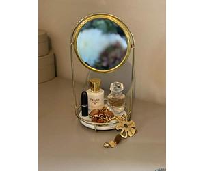 Maison Des Cadeaux Crystal Clear Vanity Mirror, Marble Base and Gold Polished Frame, Make-Up Dressing Table Cosmetic Mirror