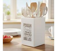 Maison Des Cadeaux Kitchen Utensil Holder Cutlery Organiser - White Farmhouse Decor Utensil Caddy Rack, Kitchen Utensil Organizer Storage for the Home - Spanish Word Cloud