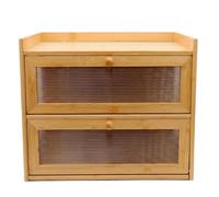 Maison Des Cadeaux Large 2 Tier Fluted Panel Bamboo Bread Bin Cabinet - Countertop Storage Box
