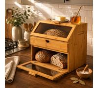 Maison Des Cadeaux Large 3 Compartment Bamboo Bread Bin Loaf Double Layer Storage Rack Box With Drawer