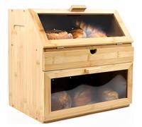 Maison Des Cadeaux Large 3 Compartment Bamboo Bread Bin Loaf Double Layer Storage Rack Box With Drawer