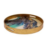 Maison Des Cadeaux Luxury Round Serving Tray with Handles, Gold Acrylic Frame with Blue Abstract Art Design, Decorative Ottoman and Coffee Table Organiser