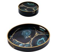 Maison des Cadeaux Round Agate Theme Tray and Drink Coasters Set