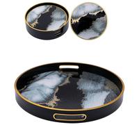 Maison des Cadeaux Round Black Abstract Tray & Coaster Set