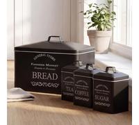 Maison Des Cadeaux Set of 4 Piece Black Bread Bin Tea Coffee Sugar Canister Metal Kitchen Storage