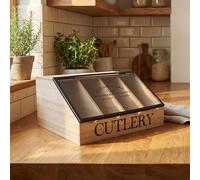 Maison Des Cadeaux Vintage Farmhouse 4-Compartment Utensil Cutlery Caddy for Countertop Dining Table, Wooden Flatware Organizer