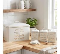 Maison Des Cadeaux Vintage White Farmhouse 4 Piece Set Bread Bin & Airtight Tea Coffee Sugar Canister