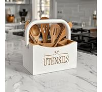 Maison Des Cadeaux White & Bamboo Wooden Cutlery Caddy - Farmhouse Style Utensil Holder with 4 Compartments and Handle - Perfect for Kitchen, Dining, BBQs, Picnics, and Parties