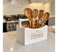 Maison des Cadeaux White & Bamboo Wooden Cutlery Caddy with Handle