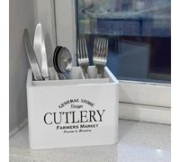 Maison des Cadeaux White Farmhouse Cutlery Caddy with Vintage Print