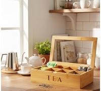Maison Des Cadeaux Wooden Tea Box Kitchen Storage Organiser, Bamboo Tidy Tea Bag Holder, 8 Compartments