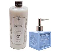 Maison Du Savon De Marseille - Donkey Milk Liquid Soap with Blue Ceramic Soap Dispenser - 1 Litre Refill and 300 Millilitre Dispenser