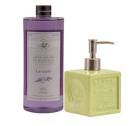 Maison Du Savon De Marseille - Lavender Liquid Soap with Green Ceramic Soap Dispenser - 1 Litre Refill and 300 Millilitre Dispenser