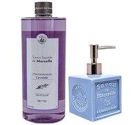 Maison Du Savon De Marseille - Lavender Liquid Soap with Light Blue Ceramic Soap Dispenser - 1 Litre Refill and 300 Millilitre Dispenser