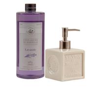 Maison Du Savon De Marseille - Lavender Liquid Soap with White Ceramic Soap Dispenser - 1 Litre Refill and 300 Millilitre Dispenser