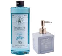 Maison Du Savon De Marseille - Monoi Liquid Soap with Refillable Blue Ceramic Soap Dispenser - Kitchen and Bathroom Accessories for Home - 1 Litre Refill and 300 Millilitre Dispenser