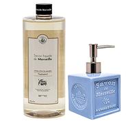 Maison Du Savon De Marseille - Natural Liquid Soap with Blue Ceramic Soap Dispenser - 1 Litre Refill and 300 Millilitre Dispenser