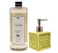 Maison Du Savon De Marseille - Natural Liquid Soap with Green Ceramic Soap Dispenser - 1 Litre Refill and 300 Millilitre Dispenser
