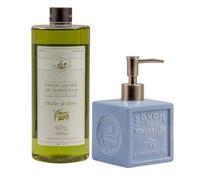Maison Du Savon De Marseille - Olive Oil Liquid Soap with Blue Ceramic Soap Dispenser - 1 Litre Refill and 300 Millilitre Dispenser