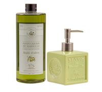 Maison Du Savon De Marseille - Olive Oil Liquid Soap with Green Ceramic Soap Dispenser - 1 Litre Refill and 300 Millilitre Dispenser