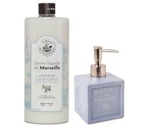 Maison Du Savon De Marseille - Organic Goats Milk Liquid Soap with Blue Ceramic Soap Dispenser - 1 Litre Refill and 300 Millilitre Dispenser