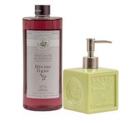 Maison Du Savon De Marseille - Organic Liquid Soap with Refillable Green Ceramic Dispenser - Kitchen & Bathroom Accessories - Divine Fig Fragrance - 1 Litre Refill and 300 Millilitre Dispenser