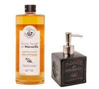 Maison Du Savon De Marseille - Organic Orange Blossom Liquid Soap with Refillable Black Ceramic Soap Dispenser - Kitchen and Bathroom Accessories for Home - 1 Litre Refill and 300 Millilitre Dispenser