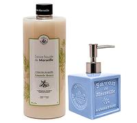 Maison Du Savon De Marseille - Sweet Almond Liquid Soap with Blue Ceramic Soap Dispenser - 1 Litre Refill and 300 Millilitre Dispenser