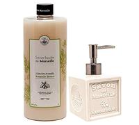 Maison Du Savon De Marseille - Sweet Almond Liquid Soap with White/Ivory Ceramic Soap Dispenser - 1 Litre Refill and 300 Millilitre Dispenser