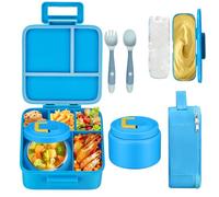 MAISON HUIS Bento Lunch Box with 8oz Soup Thermo, 5-Compartment Leak-Proof Container, Thermo Hot Food Jar and Insulated Lunch Bag, BPA Free,Travel, School (Blue)