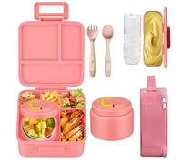 MAISON HUIS Bento Lunch Box with 8oz Soup Thermo, 5-Compartment Leak-Proof Container, Thermo Hot Food Jar and Insulated Lunch Bag, BPA Free,Travel, School (Pink)