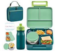 MAISON HUIS Kids Bento Box Set - Includes 8oz Soup Thermo, Insulated Lunch Bag & 17oz Stainless Steel Water Bottle, 4-Compartment Bento Box with Built-In Ice Pack, Leak-Proof & BPA-Free(Green)
