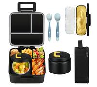 MAISON HUIS Kids Bento Lunch Box Set With 8oz Soup Thermo, Leakproof Lunch Containers with 5 Compartment, Thermo Hot Food Jar and Insulated Lunch Bag, BPA Free,Travel, School -Black