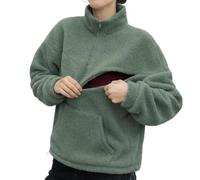 Maison Mama Nursing Fleece Sweater Jumper, Oversized Long Sleeve Quarter-Zip Top for Breastfeeding with Discreet Zips (Moss Green, M)