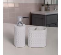 Maison Soft White Shimmer Bathroom Accessory Set - Soap Dispenser & Toothbrush Holder