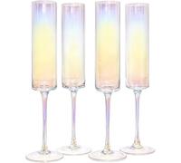 Maison & White Edge Champagne Flutes - Set of 4 | Flat Bottom Wine Glasses | Prosecco Glass | Christmas Drinking Glasses | Square Champagne Flutes | M&W (Iridescent)
