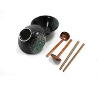 Stoneware Ramen Bowl Set of 2-1000ml with Wooden Chopsticks & Spoons | Japanese Noodles Bowl for Soup Salad Pho Cereal Pasta-Microwave & Dishwasher Safe-Gift Collection | M&W