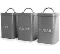 Maison & White Tea Coffee Sugar Canisters | Set of 3 Vintage Kitchen Storage Container | Steel Caddy | Store Teabags Coffee Beans Granules | M&W (Grey)