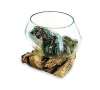MAISONICA 20-24cm Glass Bowl - Molten Glass & Teak Wooden Root - Unique - Fruit Nuts Pot Pourri