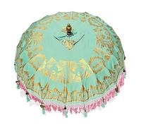 MAISONICA 2m Bali Handmade Sun Parasol Hardwood Garden Umbrella Pink Green Fringe and Gold