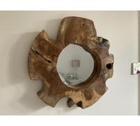 MAISONICA 40cm Real Tree Slice Wooden Wall Mirror - Funky Retro Design - Wood Teak Root
