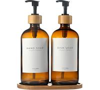 MaisoNovo Bathroom Soap and Lotion Dispenser Set of 2, 500ml Amber Glass Soap Dispenser Bamboo Pumps With Labels and Bamboo Tray
