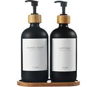 MaisoNovo Bathroom Soap and Lotion Dispenser Set of 2, 500ml Black Soap Dispenser Bamboo Pumps With Labels and Bamboo Tray