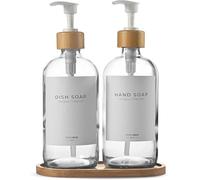 MaisoNovo Bathroom Soap and Lotion Dispenser Set of 2, 500ml Clear GLass Soap Dispenser Bamboo Pumps With Labels and Bamboo Tray