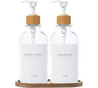 MaisoNovo Bathroom Soap and Lotion Dispenser Set of 2, 500ml Clear Soap Dispenser Bamboo Pumps With Labels and Bamboo Tray
